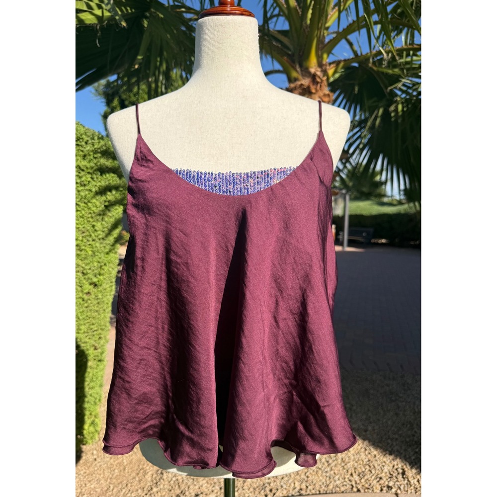 NWT Intimately Free People Sequin Layered Cami Top Burgundy Satin Tank Large